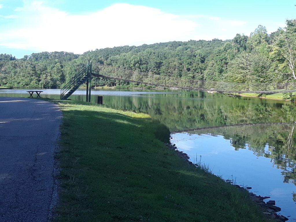 View of Indian Rock Lake from the south showing the swinging bridge.